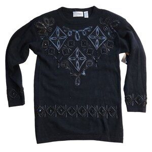 Vintage 1980s Small Cedars Black Angora Lambswool Beaded Snakeskin Sweater Tunic